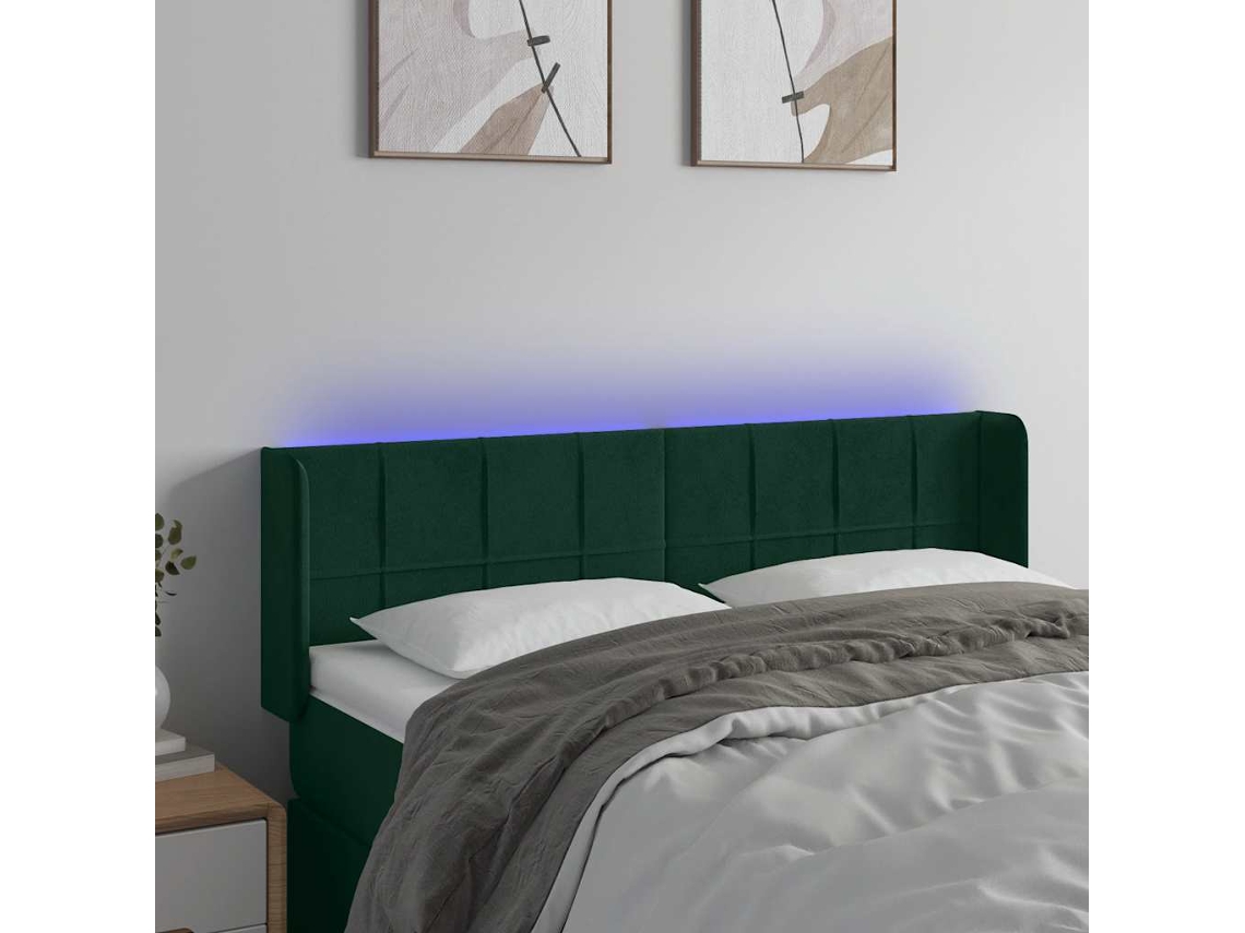 Cabecero | Panel de cama con luces LED, terciopelo, 147 x 16 x 78/88 cm, verde oscuro