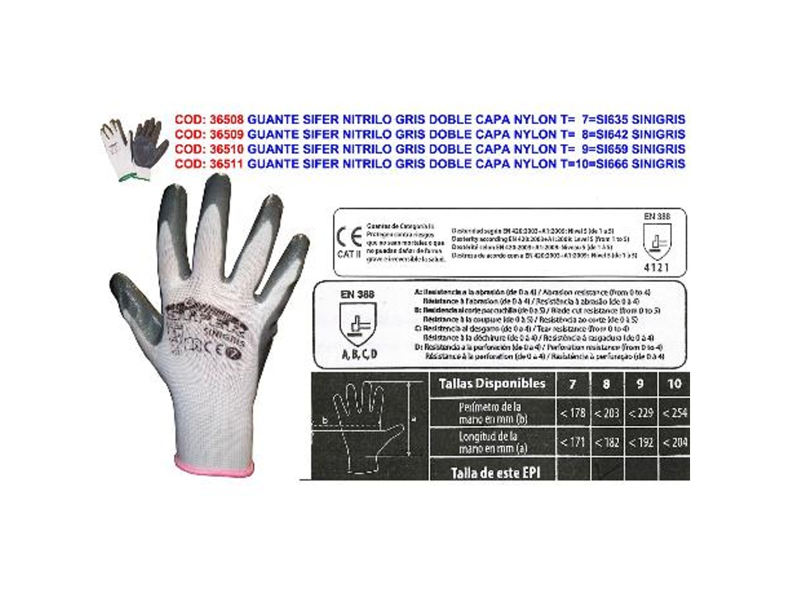 Guante sifer nitrilo gris doble capa nylon t   7 si635 sinigris (caja 12 unidades)