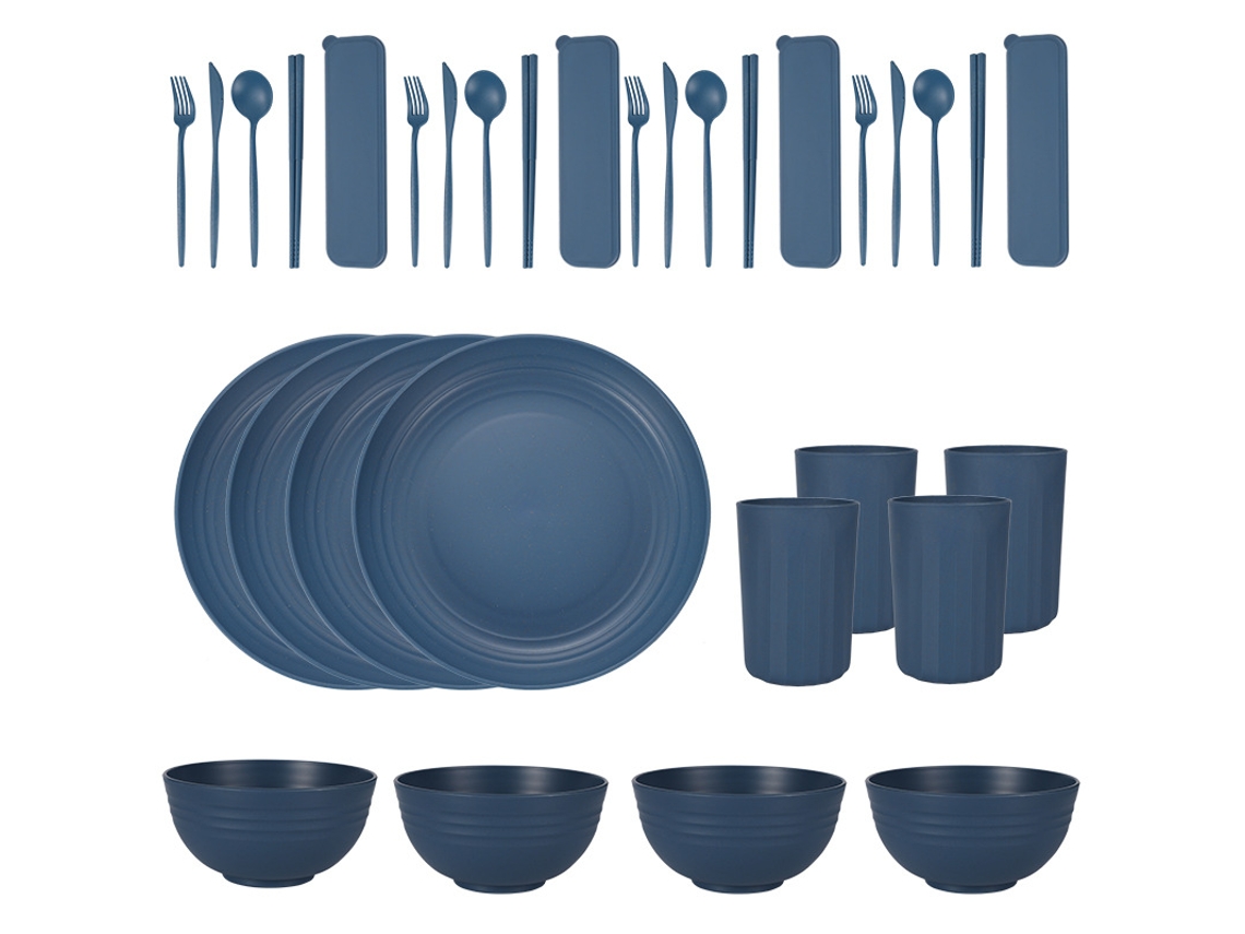 Juego de cubiertos de paja de trigo de 32 piezas, platos y cuencos reutilizables, azul Digitallab