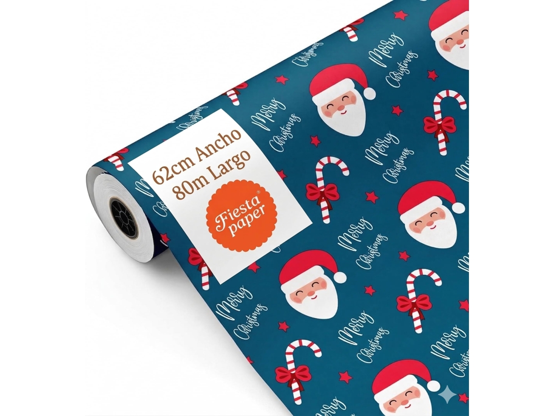 Rollo Papel Regalo Papá Noel Bastones Azul 62cm X 80m Bobina Resistente Navidad - Fp Fiesta Paper