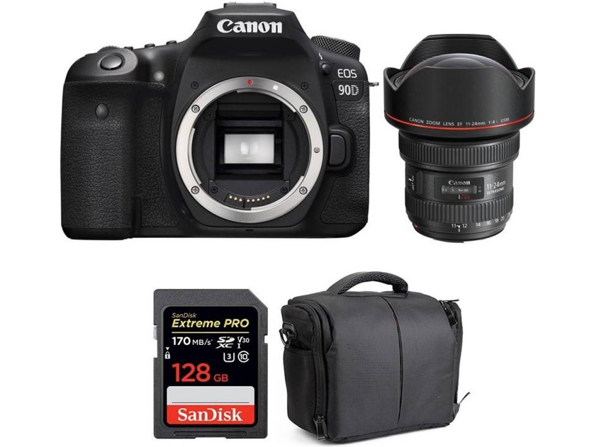 Kit Cámara Réflex CANON EOS 90D + EF 11-24mm f/4L USM + SanDisk 128GB + Bolsa