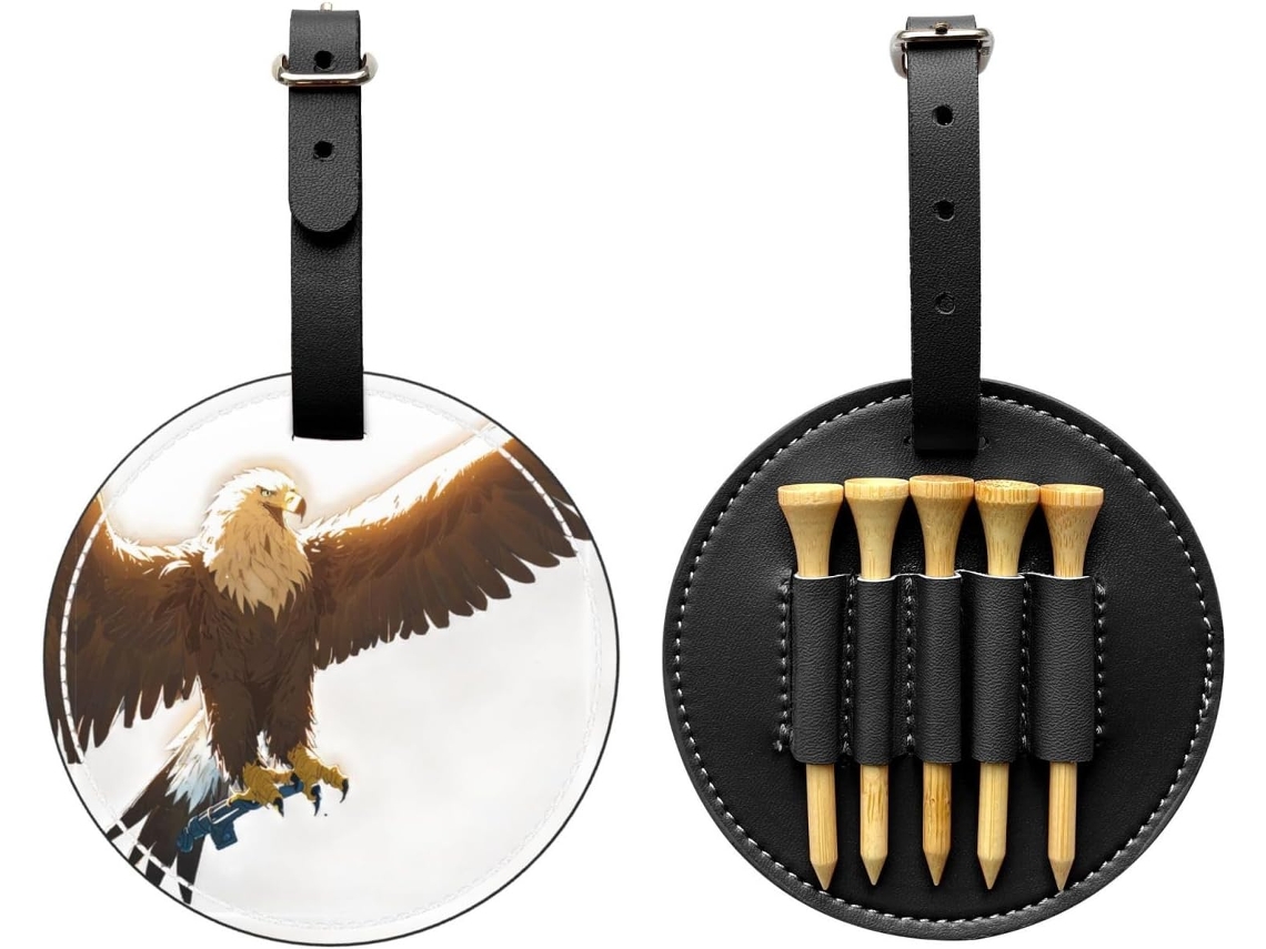 Bolsa de golf negra con estampado de águila en líneas rectas, sin marca.