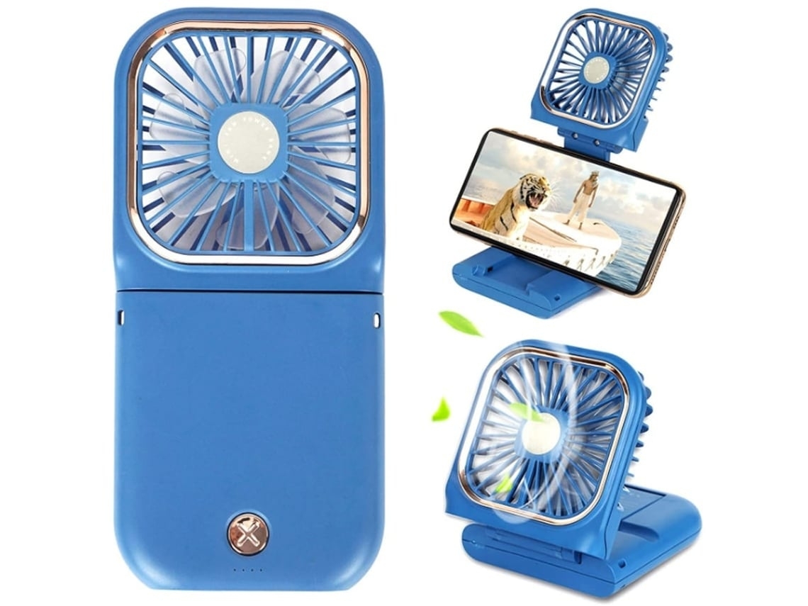 Mini ventilador portátil inalámbrico, cargador portátil, pequeño ventilador, ventilador personal plegable, alimentación USB, 3000 mAh, 3 velocidades, azul USHION