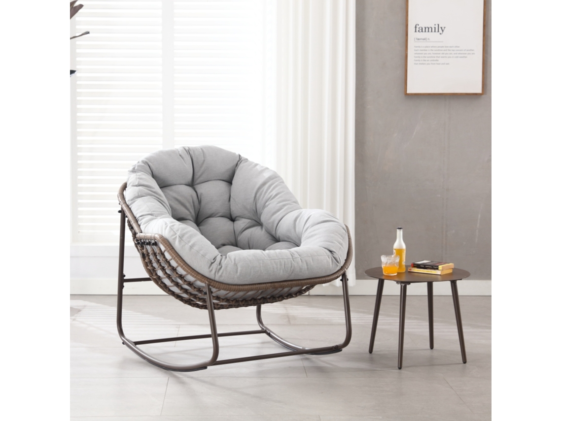 Mecedora de ratán con forma de huevo, tumbona para interior/exterior con cojín grueso, ideal para balcón y jardín, color gris.