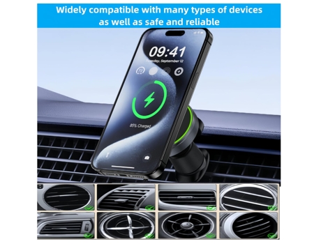 Cargador de coche inalámbrico magnético, compatible con soporte de ventilación magnético ajustable de 360, 2 en 1 compatible con iPhone 15/14/13/12...