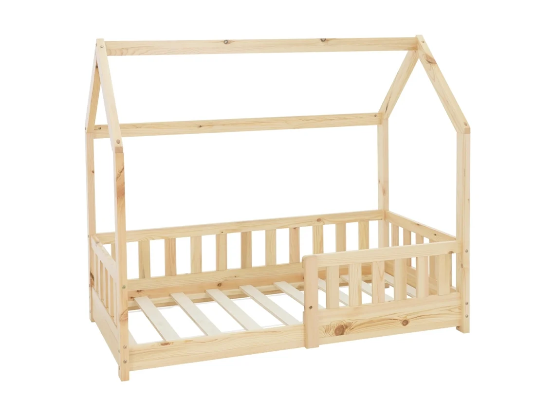 Cama infantil casa ML-Design 70x140 cm color natural con protección anticaída y somier
