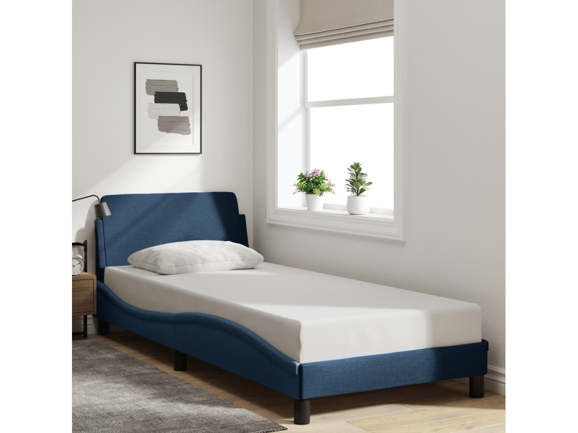 Estructura De Cama Con Cabecero Sin Colchón Tela Azul 80x200 Cm