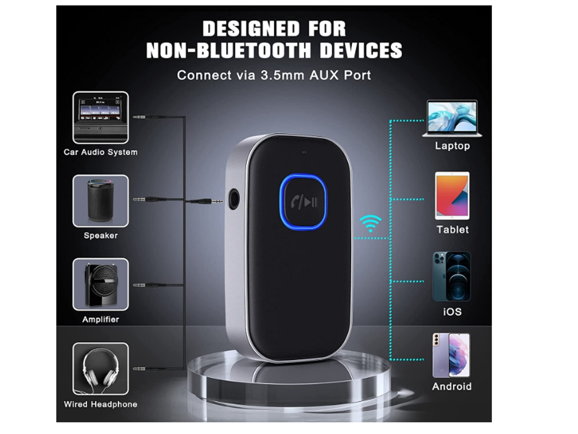 Receptor Bluetooth, adaptador auxiliar Bluetooth para coche, cancelación de ruido 3,5 mm Aux Bluetooth 5.0 receptor de música para estéreo doméstico, auriculares con cable, llamadas manos libres (16 h