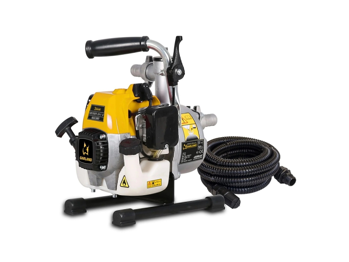 GARLAND GEISER 281G-V17+MANGUE Bomba de achique a gasolina Motor de 2 T de 25,4 cc y 1 CV. Altura max. Aspiración 4 m. 7.000 l/h e impulsión 35 m.
