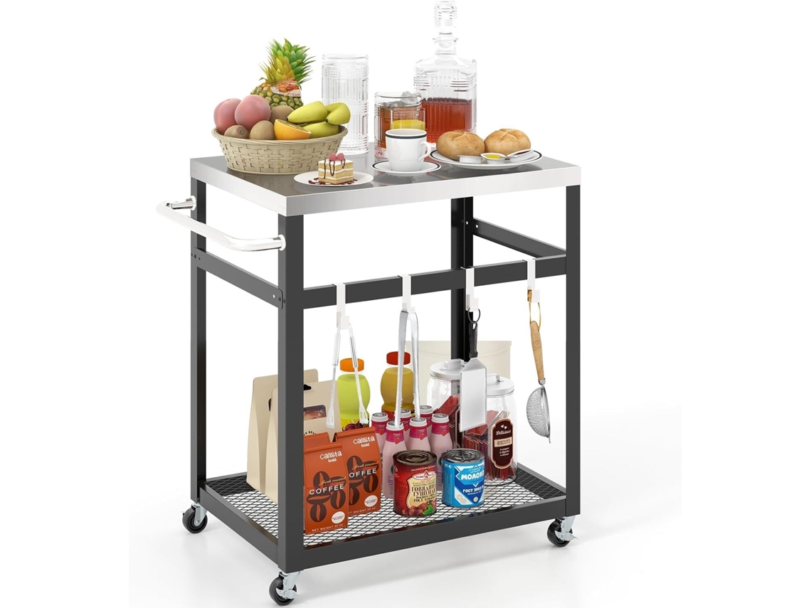 Carrito de servicio de acero inoxidable Costway, carrito de parrilla con ruedas y asa, carrito de bar con 4 ganchos para cocina y comedor.