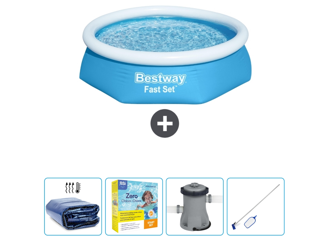 Piscina Hinchable Redonda Fast Set BESTWAY - 244 x 61 cm - Azul - Incluida Vela solar - Paquete de mantenimiento - Bomba - kit de limpieza