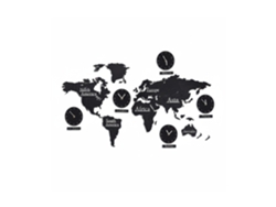 Relaxdays Mapa Mundo Madera Con 5 Relojes, 10 Nombres De Ciudades, Mapamundi 3d, Con Plantilla, 61x113 Cm, Negro