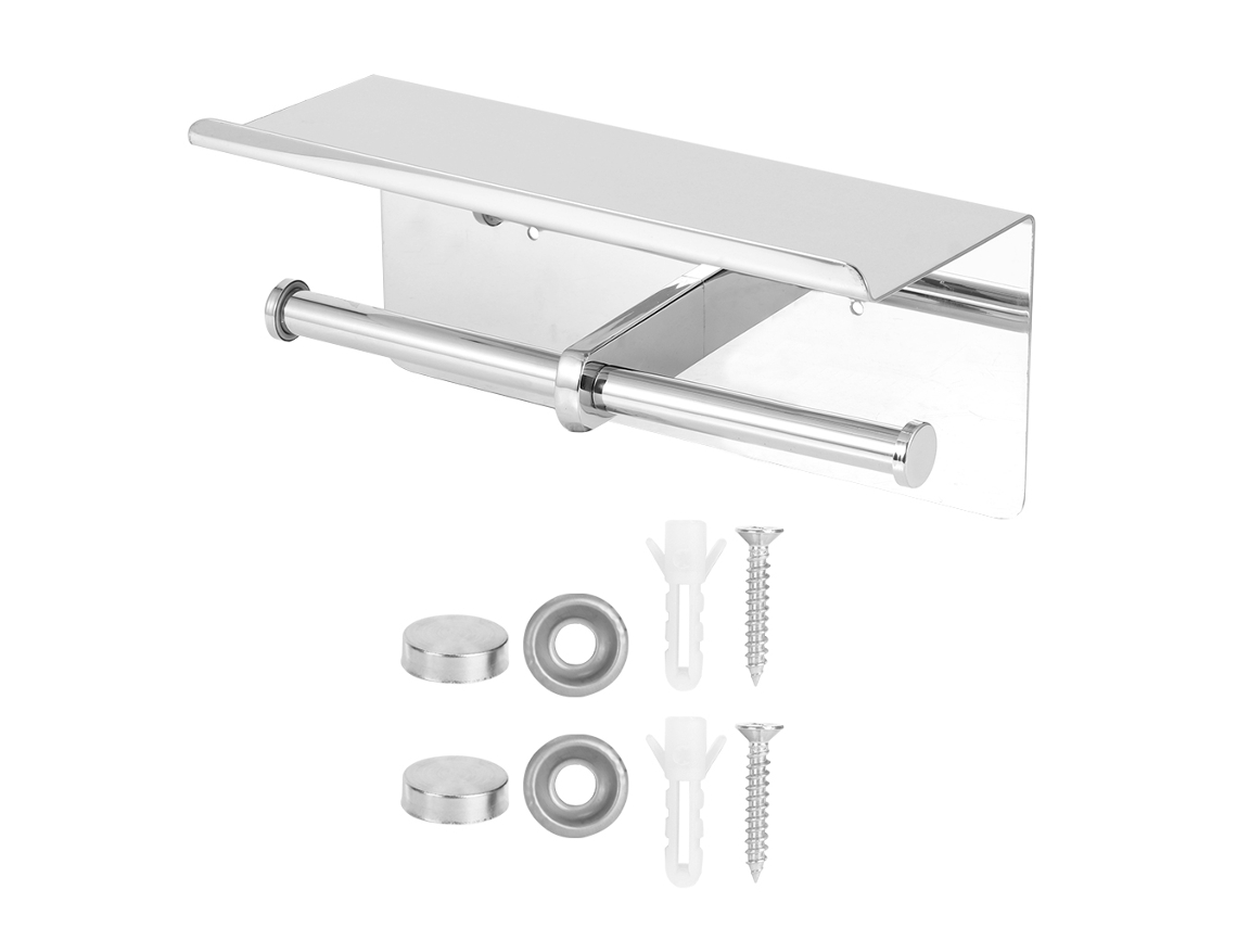 Portarrollos de papel higiénico doble, soporte para teléfono móvil, acero inoxidable