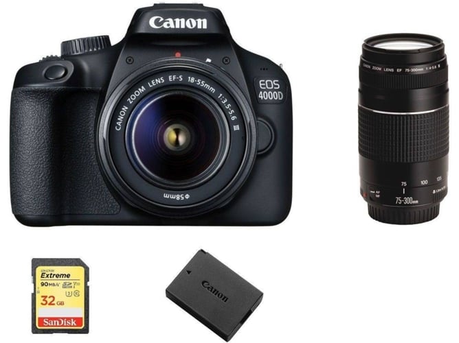 Kit Cámara Réflex CANON EOS 4000D EF-S 18-55MM F3.5-5.6 III + EF 75-300mm F4-5.6 III + 32GB SD + LP-E10