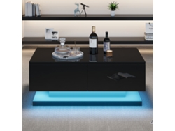 Mesa de centro negra brillante con dos cajones e iluminación LED (90 x 50 x 38 cm)