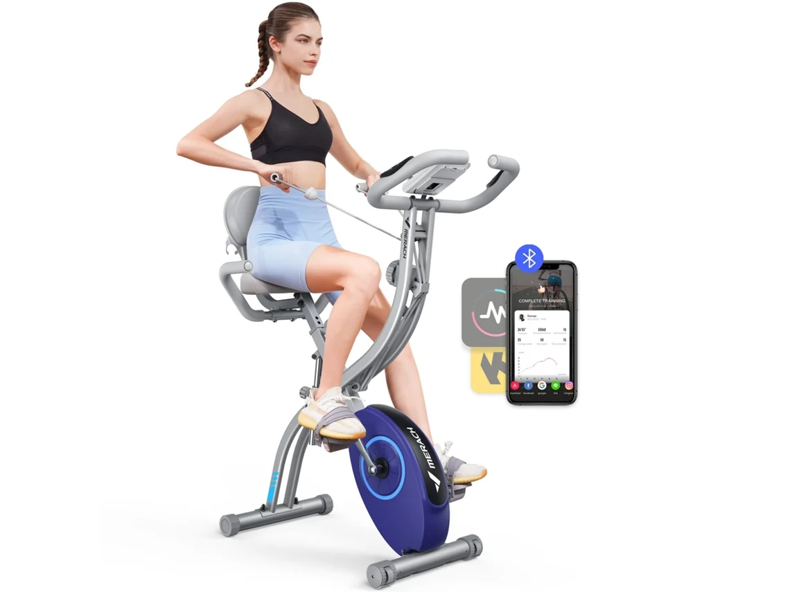 Bicicleta Estática MERACH 4 en 1, LCD, Bluetooth, APP, 16 Niveles Magnéticos, Monitor de Frecuencia Cardíaca, Plegable, Silenciosa, X-Bike, Gris