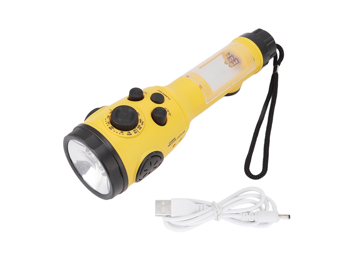 Linterna de emergencia portátil recargable 2026 con manivela, linterna LED multifuncional, AM/FM, luz de advertencia SOS.