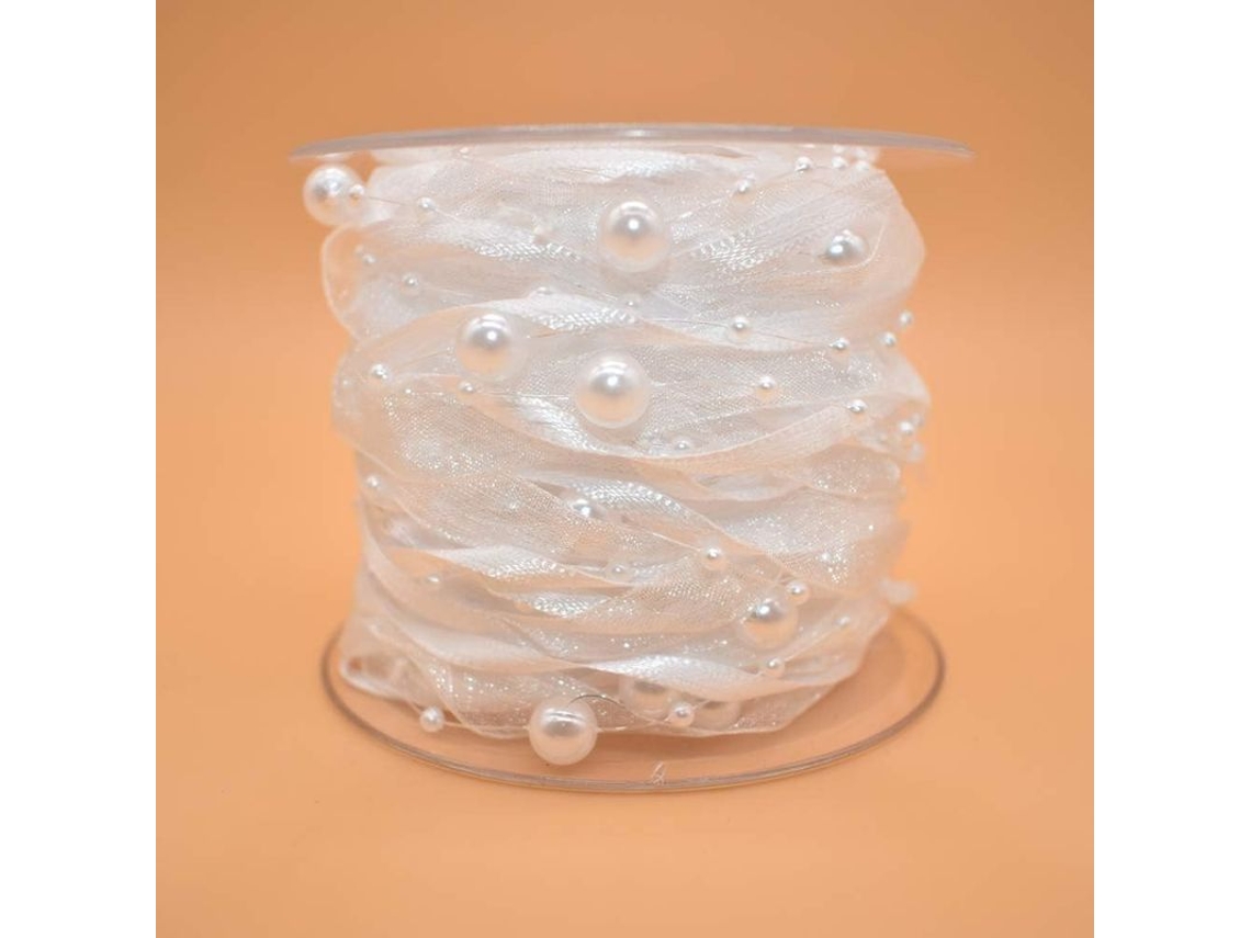 Cinta De Perlas Artificiales De 10 M Con Encaje De Satén Y Organza Para Decoración De Bodas Y Navidad (blanco)