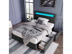 Cama Individual 90x200 Cm, Almacenamiento, Led, 2 Cajones, Cabecero Regulable, Madera Gris, Colchón No Incluido.
