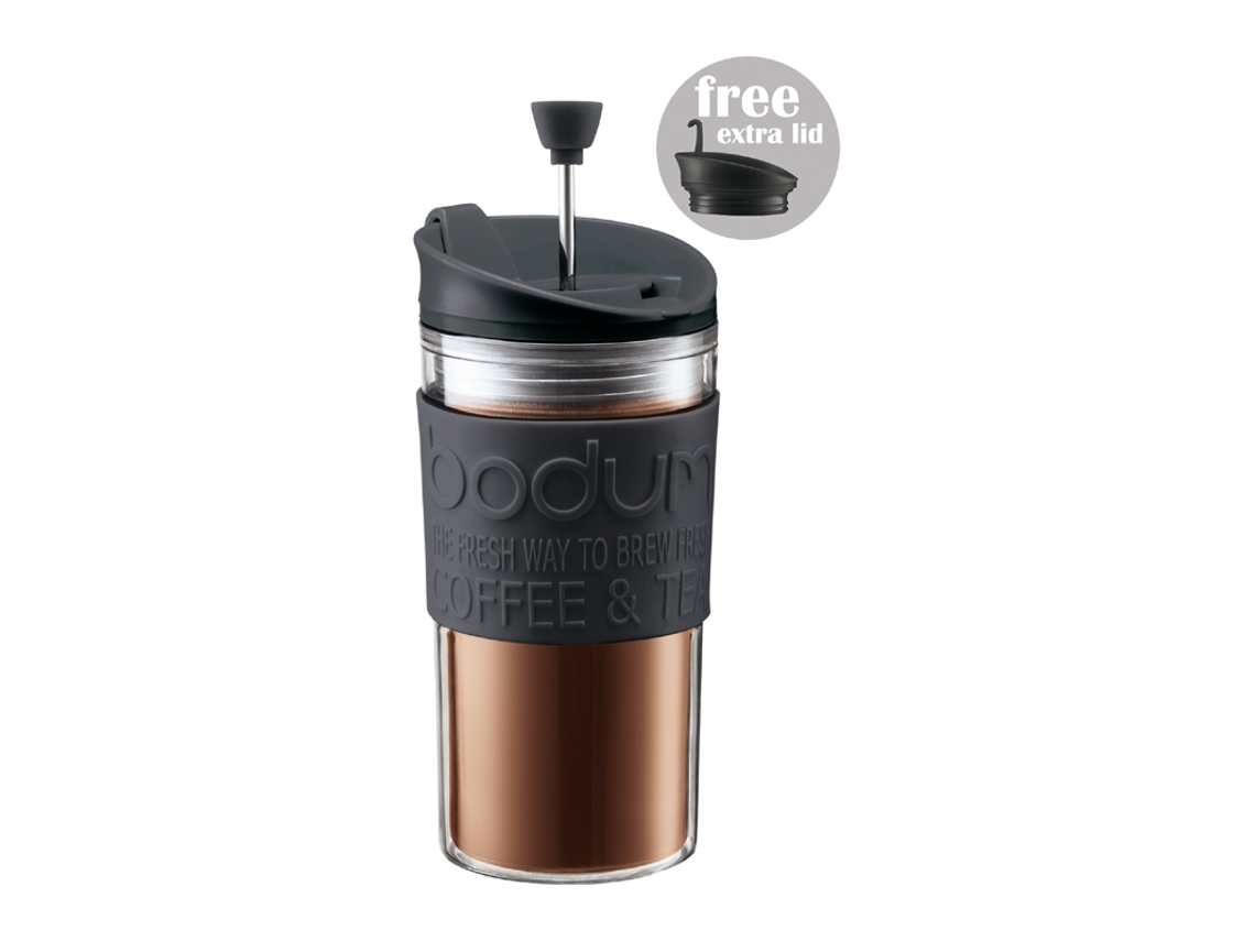 Taza de viaje de prensa de viaje de plástico transparente de BODUM con tapa adicional negra 0.35L
