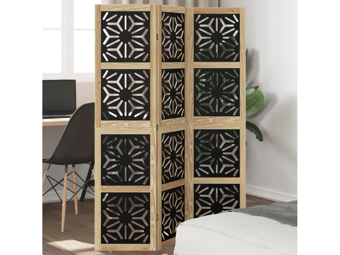 Biombo Separador | Separador De Ambientes 3 Paneles Madera Maciza Paulownia Marrón Negro