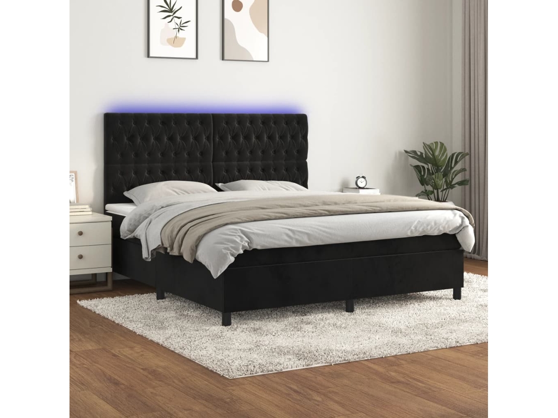 Cama Box Spring Colchón Y Led Terciopelo Negro 180x200 Cm