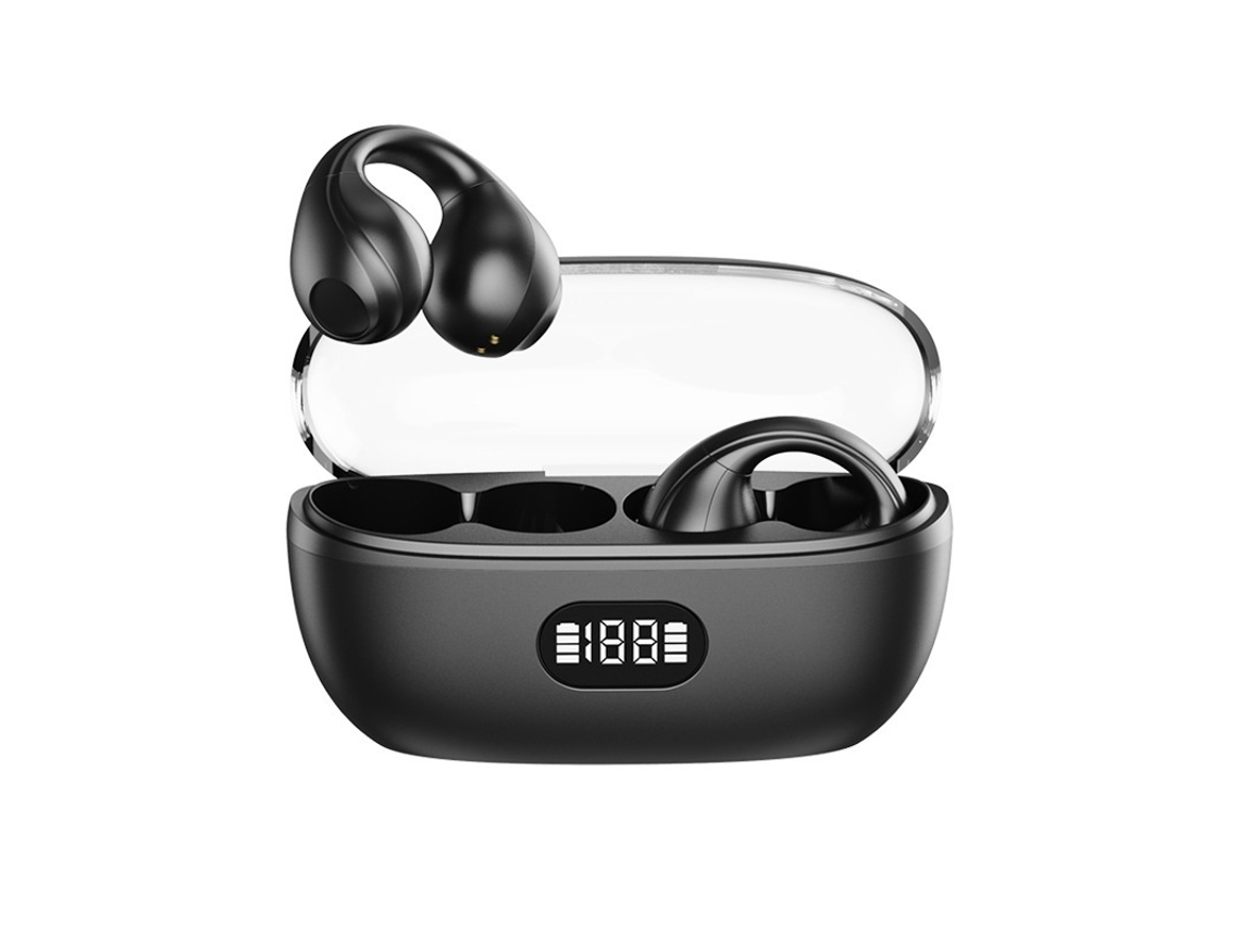 Auriculares inalámbricos Bluetooth 5.3 YEMAESRE con clip para oreja abierto y estuche de carga.