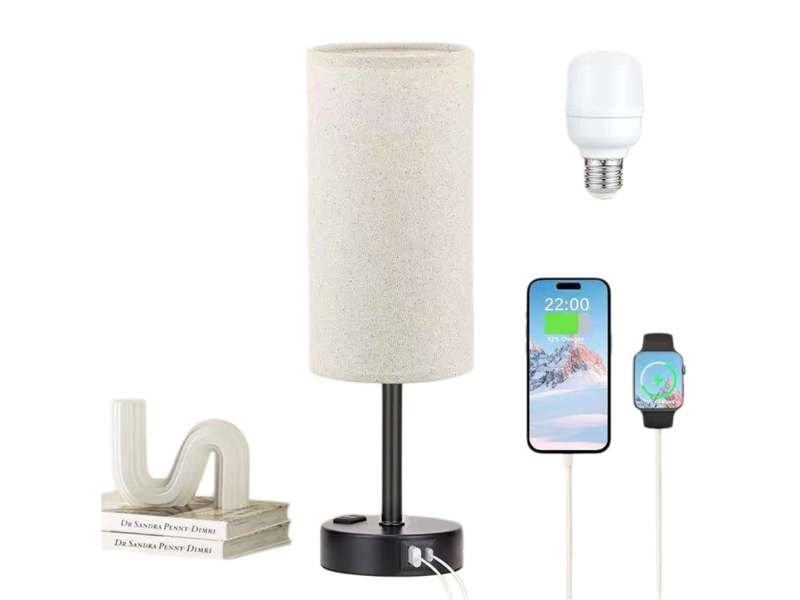 Lámpara de mesa Sstrwgood con función de carga USB, control táctil y pantalla de lino.