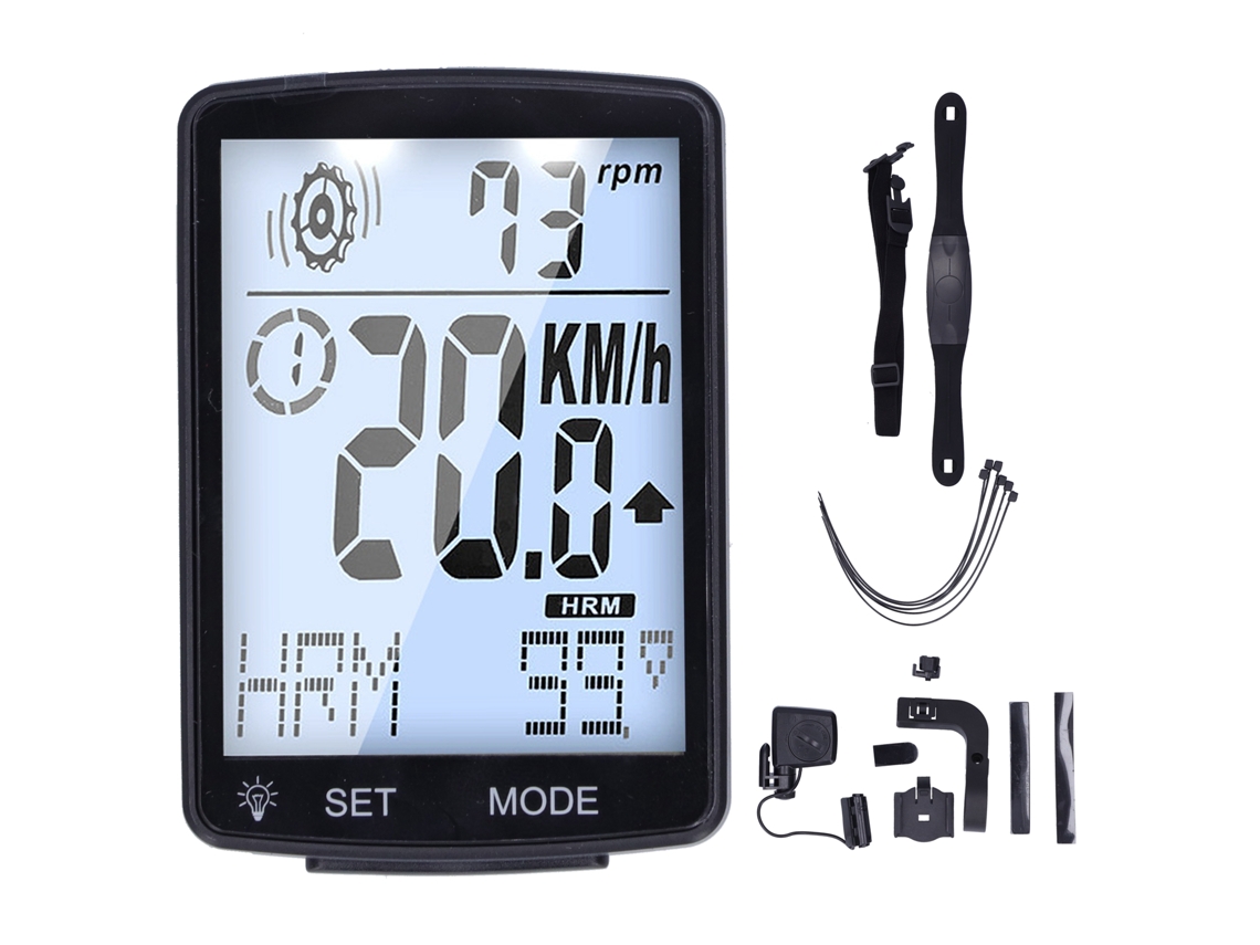 Ciclocomputador con pantalla LED de 2,8'', velocímetro y cronómetro. Accesorios.