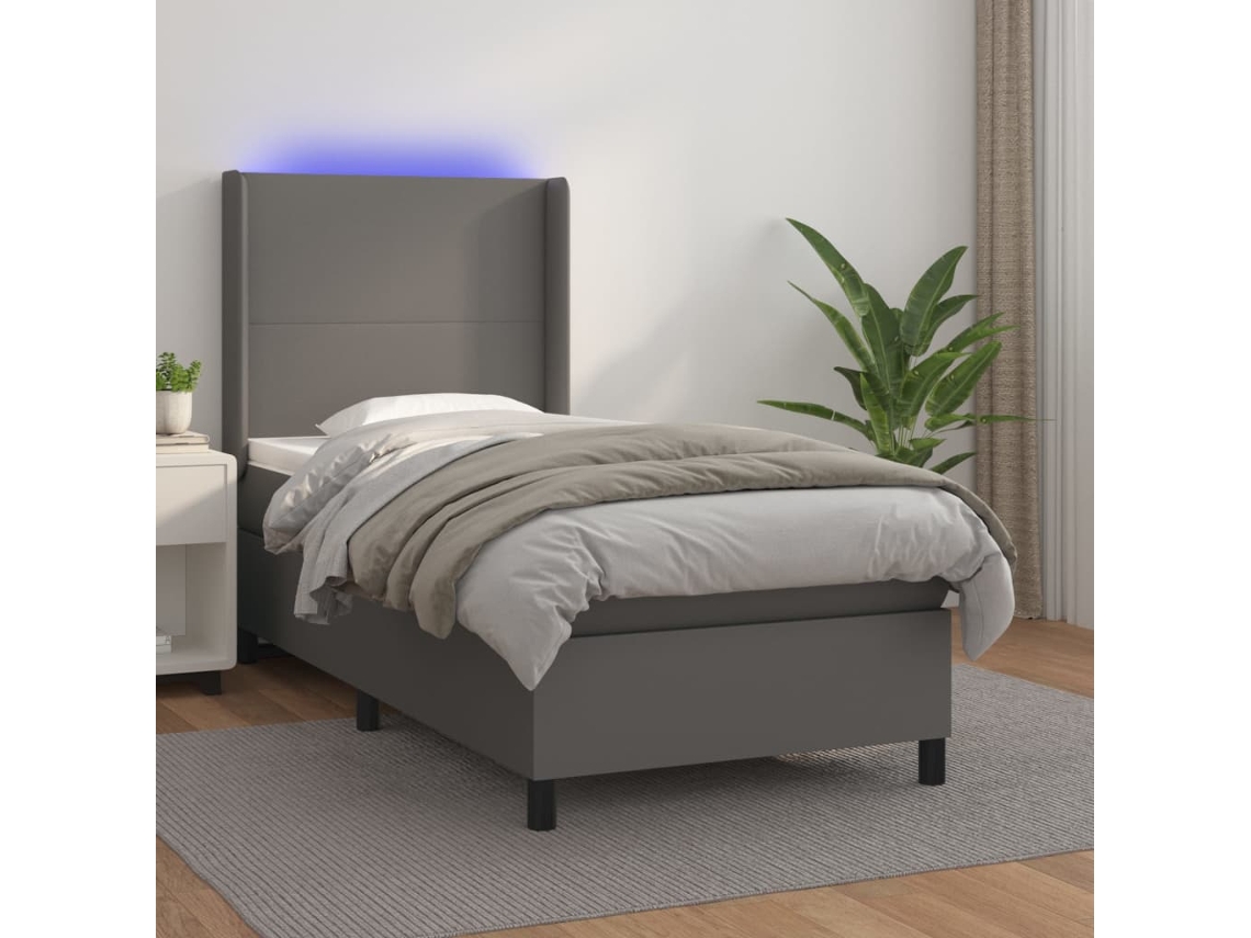 Cama Box Spring Y Colchón Led Cuero Sintético Gris 90x190 Cm