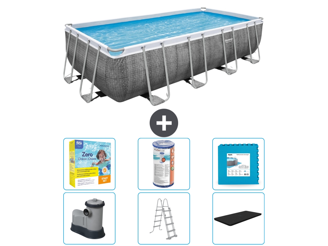 Piscina BESTWAY Rectangular Power Steel - Estampado Ratán - 549 x 274 x 122 - Incluye Bomba - Escalera - Cobertor Accesorios CB34