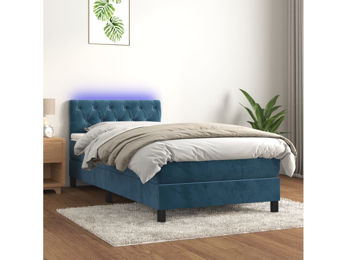 Cama Box Spring Colchón Y Led Terciopelo Azul Oscuro 80x200 Cm