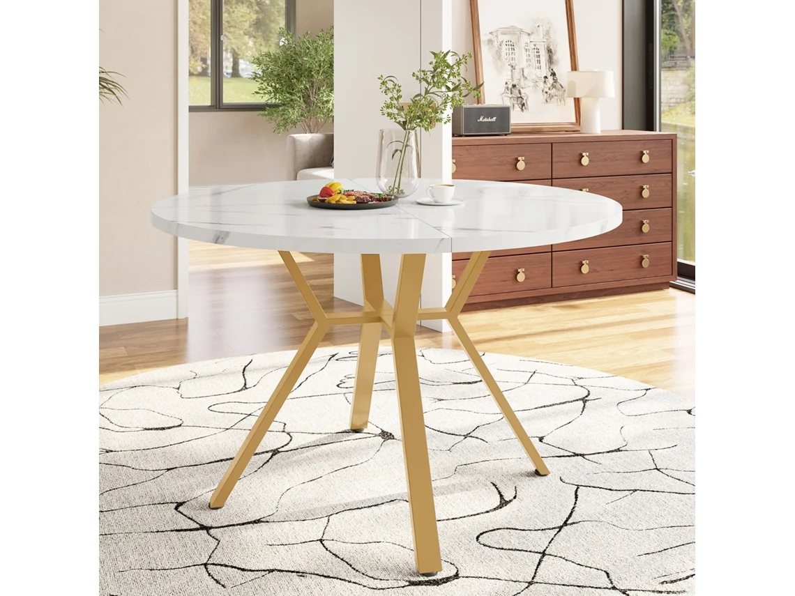 Mesa de comedor redonda de 100 cm de mármol negro con base en forma de X dorada.