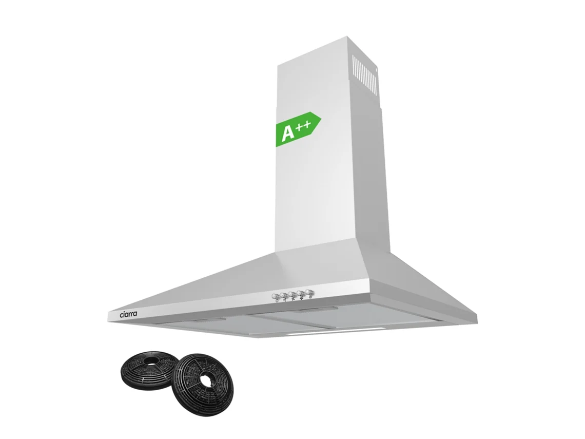 Ciarra Campana Extractor De Pared A++ 60cm 370m³/h Recirculación Con Filtros De Carbón (2 Piezas) Y Exaustión Externa 3 Modos Inox 201ss60