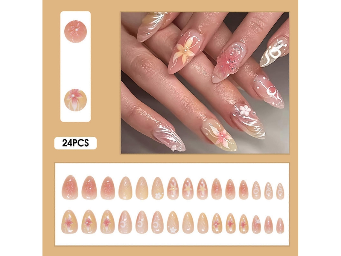 Uñas postizas almendradas con decoración floral y diseño de perlas. Uñas postizas para decorar los dedos. Uñas caseras DIY. Nostalgia88