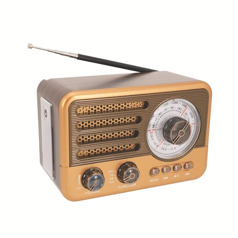 Radio MDUG con altavoz Bluetooth, banda FM/AM/onda corta, linterna LED, entrada auxiliar, tarjeta TF, USB (dorado)