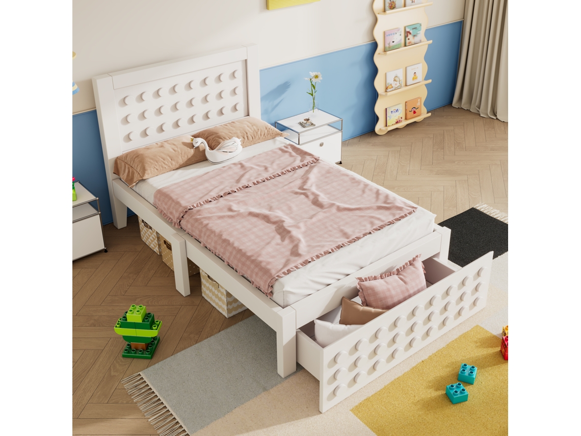 Cama Infantil Blanca De 90x200 Cm Con Cajones Y Cajones De Almacenamiento.