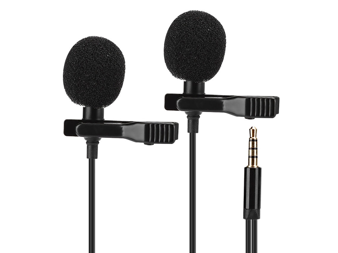 Microfone Colar Clip Duplo E1 Para Celular Transmissão Ao Vivo Gravação Entrevista Mini Preto
