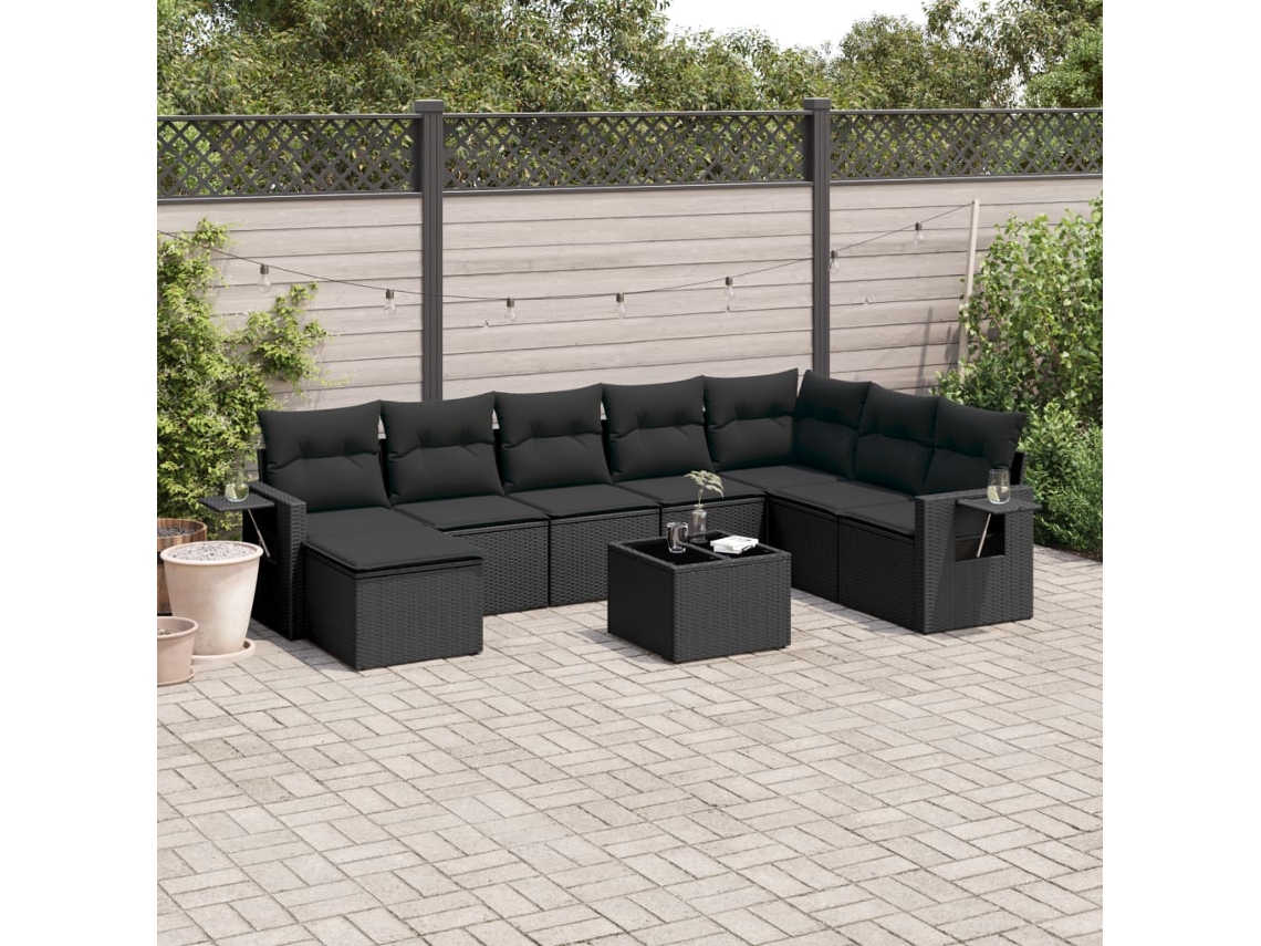 Conjunto de sofá de jardín de 9 piezas con cojines, ratán negro, Dkd Home Decor