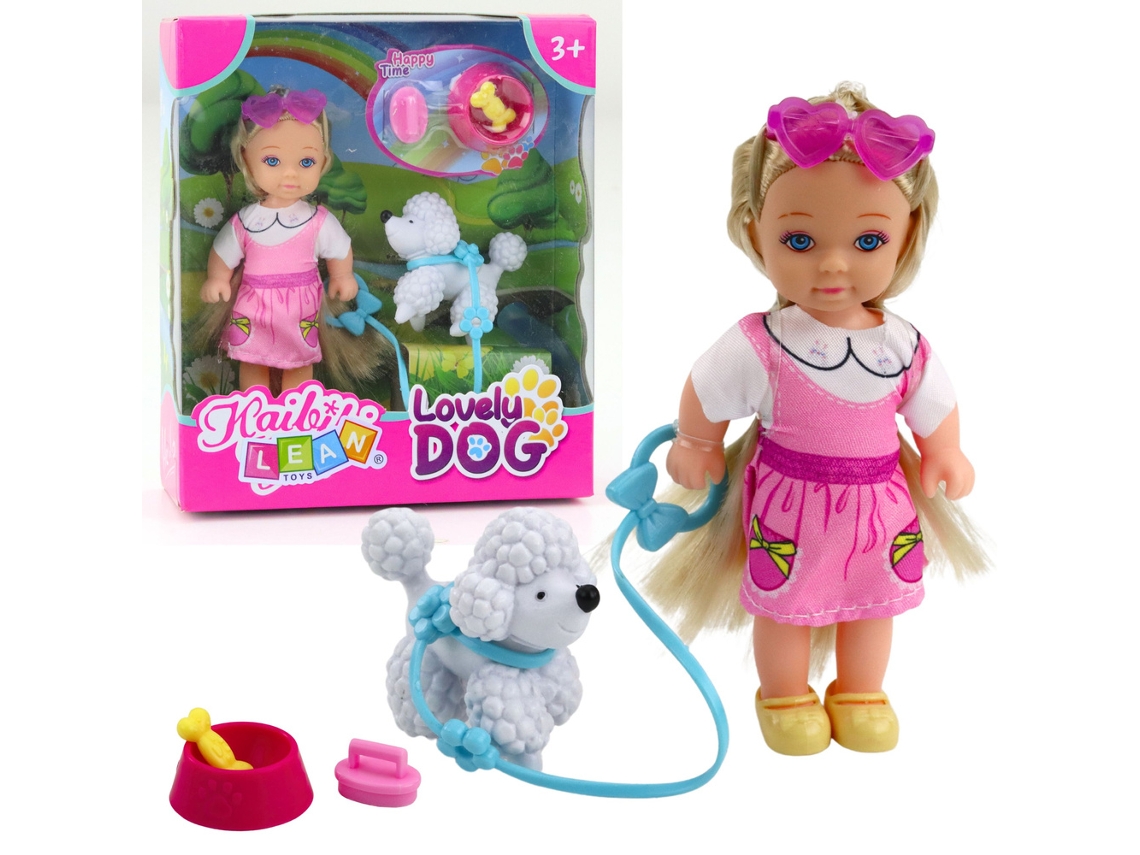 Mini muñeca con cachorro con correa y cuenco con hueso B.active