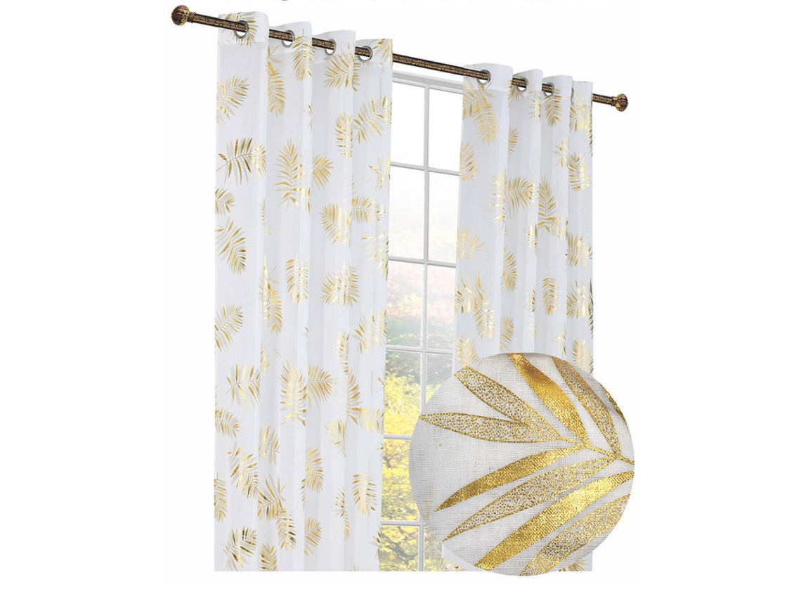 Cortina estampada con hojas doradas 140 x 260 cm Blanco - Individual
