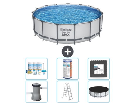 Piscina BESTWAY Round Steel Pro MAX - 457 x 122 cm - Gris - Bomba incluida - Escalera - Cobertor Paquete de mantenimiento - Filtrar - Baldosas