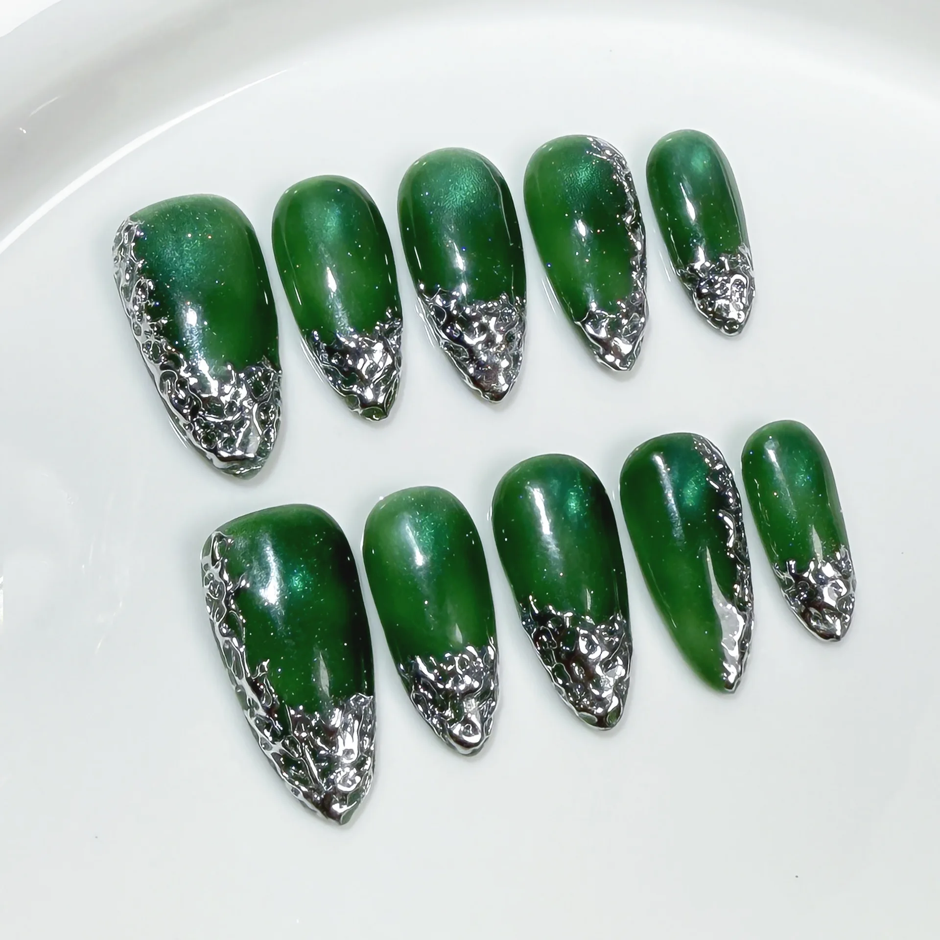 (566-xs) Juego De 10 Uñas Postizas Sencillas Hechas A Mano, Reutilizables.