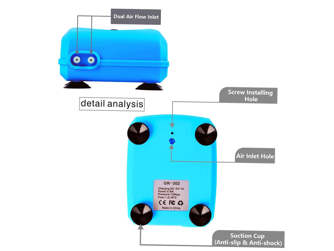 Bomba de aire solar de 3,5 W para acuario, pecera o estanque con batería recargable, 2,4 l/min.