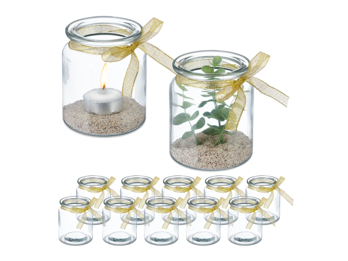 Lanterna Relaxdays, 12 Unidades, Em Vidro, Interior E Exterior, A X P: 9,5 X 8 Cm, Suporte Para Vela, Trans./dourado