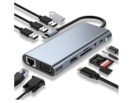 Adaptador Usb C 11 En 1 Con Puerto 4K-Hdmi Vga Usb 3.0 Pd Tipo C Ethernet Rj45 3 5 Mm Aux Lector De Tarjetas Sd/Tf Gris