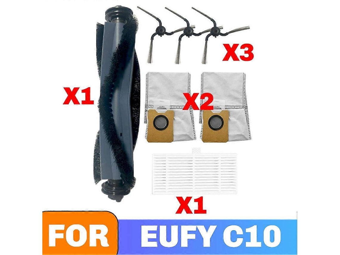 Repuestos para aspiradora robot C10: cepillo principal, filtro HEPA, cepillo lateral, bolsa de polvo.