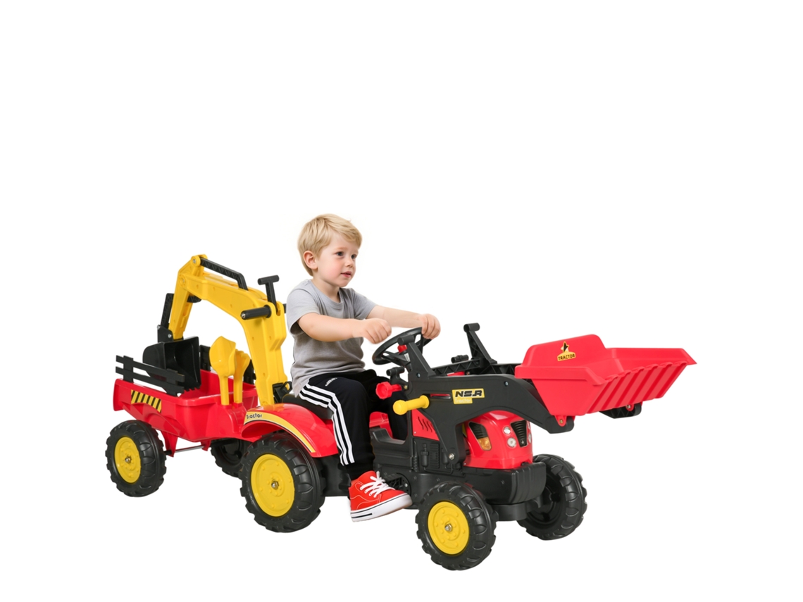 Tractor de pedales rojo para niños de 3 años en adelante con remolque excavadora, dirección sencilla, estructura sólida, para jugar al aire libre.