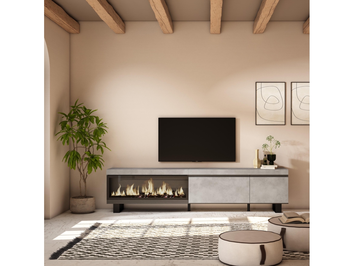Mueble TV, Televisión, 237x57x35 cm, Para TV gran formato, Chimenea eléctrica XXL, Diseño industrial, Cemento SKRAUT HOME