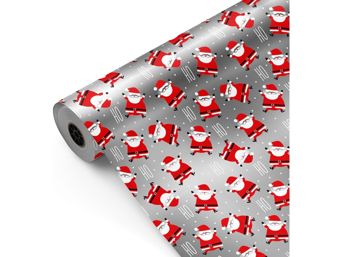 Rollo de papel para envolver regalos, rollo grande de 62 cm x 100 m, Navidad, Papá Noel, Ho Ho, plateado. Ideal para tiendas, negocios y comercios. Papel para fiestas.